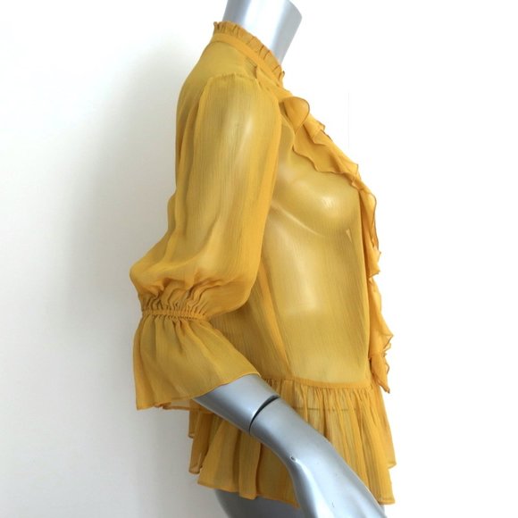 ULLA JOHNSON RUFFLE BLOUSE CASSAN MUSTARD CHIFFON SIZE 2 BELL SLEEVE TOP - Picture 2 of 8